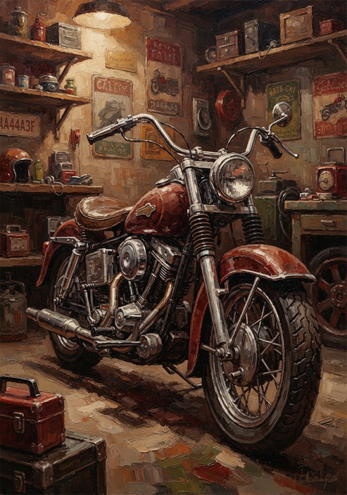 Biker Heritage Retro Biker Garage Art Oxblood & Olive Art Print