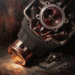 Merlot motorcycle engine study wall art featuring a detailed cylinder head, combustion chamber, and metallic mechanical elements in deep red and charcoal tones