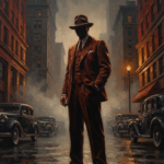 Rust red gangster movie wall art featuring a vintage suited silhouette with fedora, classic cars, foggy streets, and cinematic shadows