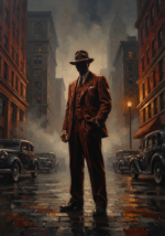 Rust red gangster movie wall art featuring a vintage suited silhouette with fedora, classic cars, foggy streets, and cinematic shadows