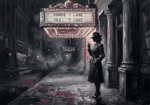 Graphite and rose noir movie wall art print featuring a vintage actress silhouette beneath a theater marquee with smoky shadows and cinematic atmosphere