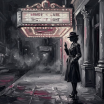 Graphite and rose noir movie wall art print featuring a vintage actress silhouette beneath a theater marquee with smoky shadows and cinematic atmosphere