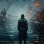 Prussian and rust noir detective cinema art print featuring a detective silhouette on a foggy harbor pier with industrial lights and dark shadows