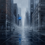 Silver and cobalt shadowy city noir wall art print featuring a deserted intersection with a glowing blue traffic light, wet pavement, and city mist