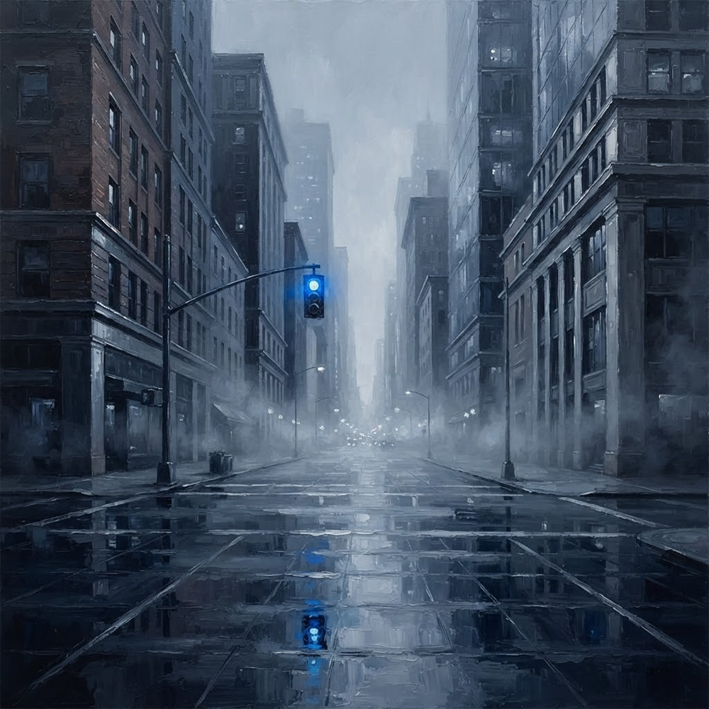 Electric Fog Shadowy City Noir Wall Art Silver & Cobalt Art Print
