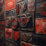 Crimson vintage metal signs for garages print featuring aged metal plaques, industrial emblems, and weathered automotive-inspired surfaces