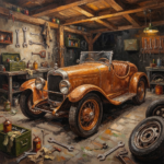 Copper retro automotive garage wall art print featuring a vintage racing automobile with warm clay tones, workshop details, and moss-green accents for elegant interiors