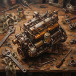 Copper retro automotive garage wall art print featuring a vintage engine with brass parts, wooden textures, and clay and moss tones for elegant interiors