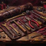 Merlot classic workshop still life art print featuring vintage tools, leather roll, brass details, and antique gold tones for elegant interiors