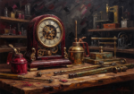 Merlot classic workshop still life art print featuring a vintage clock, oil can, precision tools, and antique gold details for elegant interiors