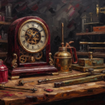 Merlot classic workshop still life art print featuring a vintage clock, oil can, precision tools, and antique gold details for elegant interiors