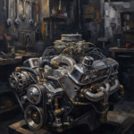 Charcoal vintage mechanic garage art print featuring a vintage engine with graphite machinery, silver details, and antique gold reflections for elegant interiors
