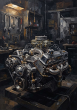 Charcoal vintage mechanic garage art print featuring a vintage engine with graphite machinery, silver details, and antique gold reflections for elegant interiors