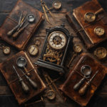 Honey bronze old world garage wall art print featuring an antique clock, leather journals, brass tools, and rustic workshop details for elegant interiors