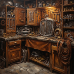Honey bronze old world garage wall art print featuring a classic car grille, restoration tools, wooden cabinets, and vintage workshop details for elegant interiors