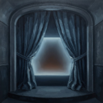 Dusty blue home cinema wall decor print featuring velvet curtains opening toward a glowing cinema screen silhouette