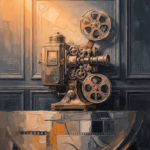 Amber wall decor for home theater print featuring a vintage projector with architectural panels and warm cinematic lighting