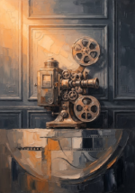 Amber wall decor for home theater print featuring a vintage projector with architectural panels and warm cinematic lighting