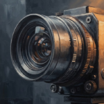 Apricot wall decor for home theater print featuring a classic cinema camera lens with metallic details and warm light beams