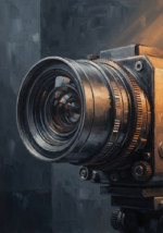 Apricot wall decor for home theater print featuring a classic cinema camera lens with metallic details and warm light beams