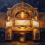 Ochre and navy movie theater wall art print featuring a vintage marquee with glowing golden light panels and architectural details