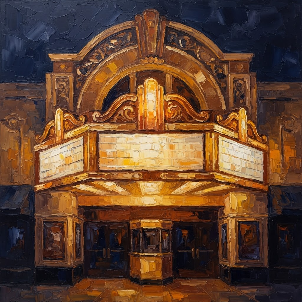 Golden Marquee Movie Theater Wall Art Ochre & Navy Art Print