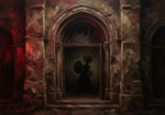 Oxblood and olive horror movie wall art featuring an abandoned gothic theater entrance and vintage projector silhouette for dramatic interiors