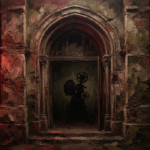 Oxblood and olive horror movie wall art featuring an abandoned gothic theater entrance and vintage projector silhouette for dramatic interiors