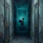Slate and teal horror movie wall decor featuring an abandoned cinema corridor with aged theater doors and a distant projector silhouette for elegant interiors
