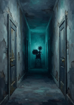 Slate and teal horror movie wall decor featuring an abandoned cinema corridor with aged theater doors and a distant projector silhouette for elegant interiors