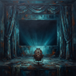 Prussian and rust horror movie canvas featuring a deserted theater stage with an empty cinema screen and rusted spotlight for sophisticated interiors