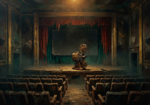 Amber and emerald horror movie canvas art featuring an abandoned vintage theater with a worn projector and mysterious empty screen for elegant interiors