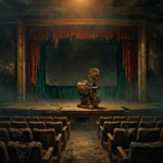 Amber and emerald horror movie canvas art featuring an abandoned vintage theater with a worn projector and mysterious empty screen for elegant interiors