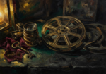 Amber and emerald horror movie canvas art featuring an antique film reel, vintage camera lens, and weathered theater artifacts for elegant cinematic interiors