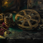 Amber and emerald horror movie canvas art featuring an antique film reel, vintage camera lens, and weathered theater artifacts for elegant cinematic interiors