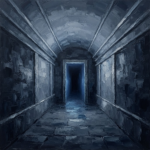 Silver and cobalt horror movie canvas wall art featuring a deserted tunnel with a mysterious glowing doorway for elegant cinematic interiors
