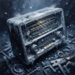 Silver and cobalt horror movie canvas wall art featuring a frost-covered vintage radio with cinematic mystery for elegant interiors