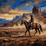 Walnut and blue western poster art featuring a lone cowboy riding across a dramatic desert frontier for timeless rustic interiors
