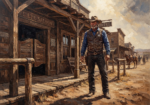 Walnut and blue western poster art featuring a frontier sheriff outside a rustic wooden saloon for timeless western interiors