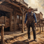 Walnut and blue western poster art featuring a frontier sheriff outside a rustic wooden saloon for timeless western interiors