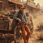 Clay and moss western prints and posters featuring a rugged outlaw beside a weathered frontier wagon for timeless rustic interiors