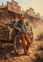 Clay and moss western prints and posters featuring a rugged outlaw beside a weathered frontier wagon for timeless rustic interiors