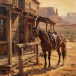 Clay and moss western prints and posters featuring a lone horse outside a weathered desert trading post for rustic western interiors