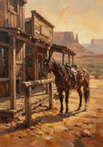 Clay and moss western prints and posters featuring a lone horse outside a weathered desert trading post for rustic western interiors
