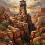 Clay and moss western prints and posters featuring a frontier watchtower overlooking a rugged canyon landscape for timeless western interiors