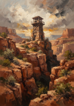 Clay and moss western prints and posters featuring a frontier watchtower overlooking a rugged canyon landscape for timeless western interiors
