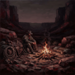 Merlot-toned western wall posters featuring a lone outlaw beside a glowing campfire in a rugged canyon for timeless western interiors