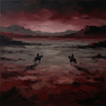 Merlot-toned western wall posters featuring two distant riders facing each other across a dramatic desert landscape for timeless western interiors