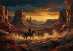Rust red western cinema wall art featuring a lone cowboy riding through a dramatic desert canyon at sunset for elegant western interiors