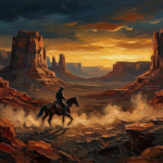 Rust red western cinema wall art featuring a lone cowboy riding through a dramatic desert canyon at sunset for elegant western interiors